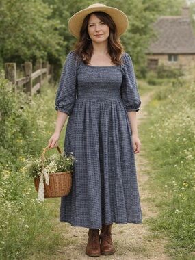 Neuflora Hartselle Blue Gingham Dress Large Cottagecore Smocked Check Plaid